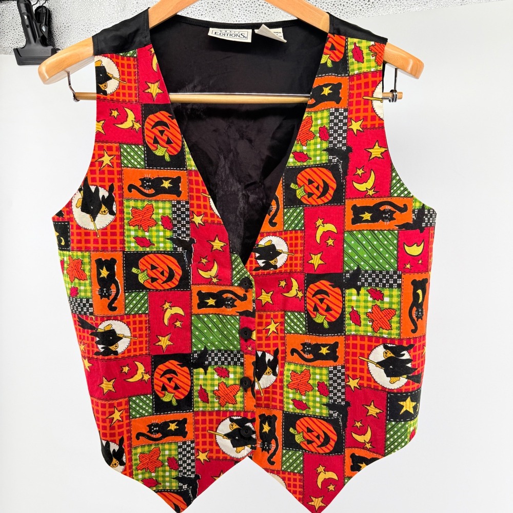 Basic Editions Halloween Vest Large Black Cats Pumpkins Witches Patchwork Print